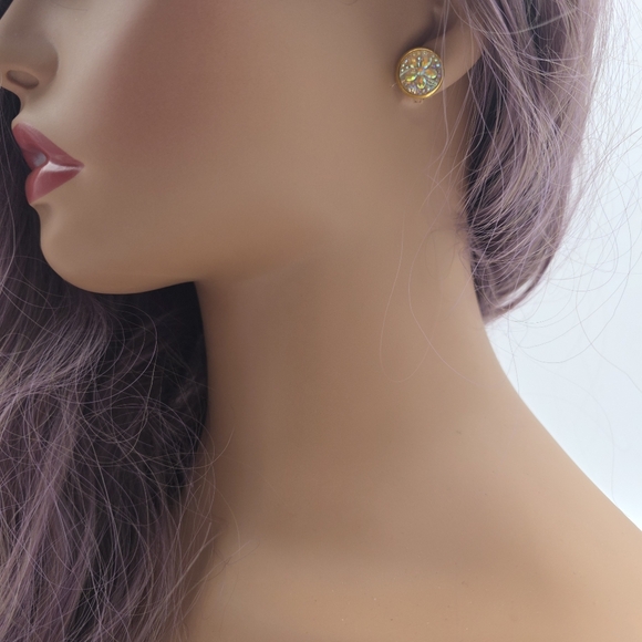 Gold Floral Stud Earrings – Iridescent Crystal Flower Round Posts - Picture 5 of 5